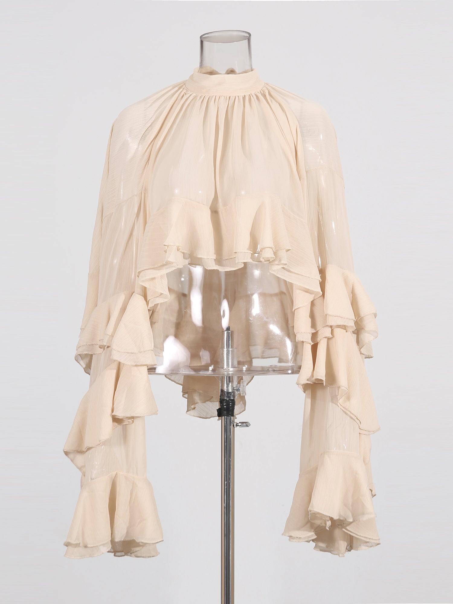 Nude Pink Ruffled Chiffon Blouse with Tiered Bell Sleeves - SISPELL