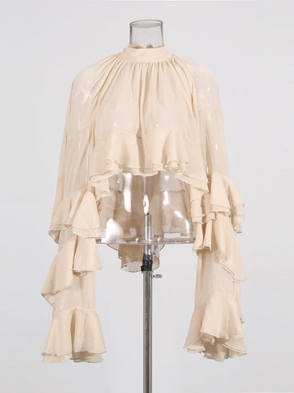 Nude Pink Ruffled Chiffon Blouse with Tiered Bell Sleeves - SISPELL