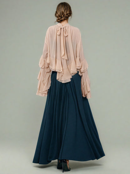 Nude Pink Ruffled Chiffon Blouse with Tiered Bell Sleeves - SISPELL