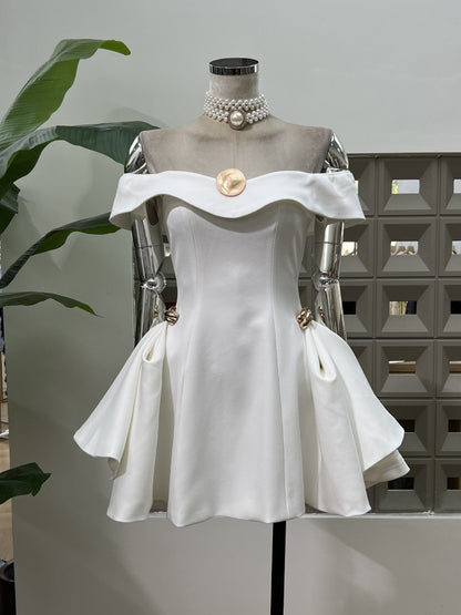 Off Shoulder Pleated Short Dress - SISPELL