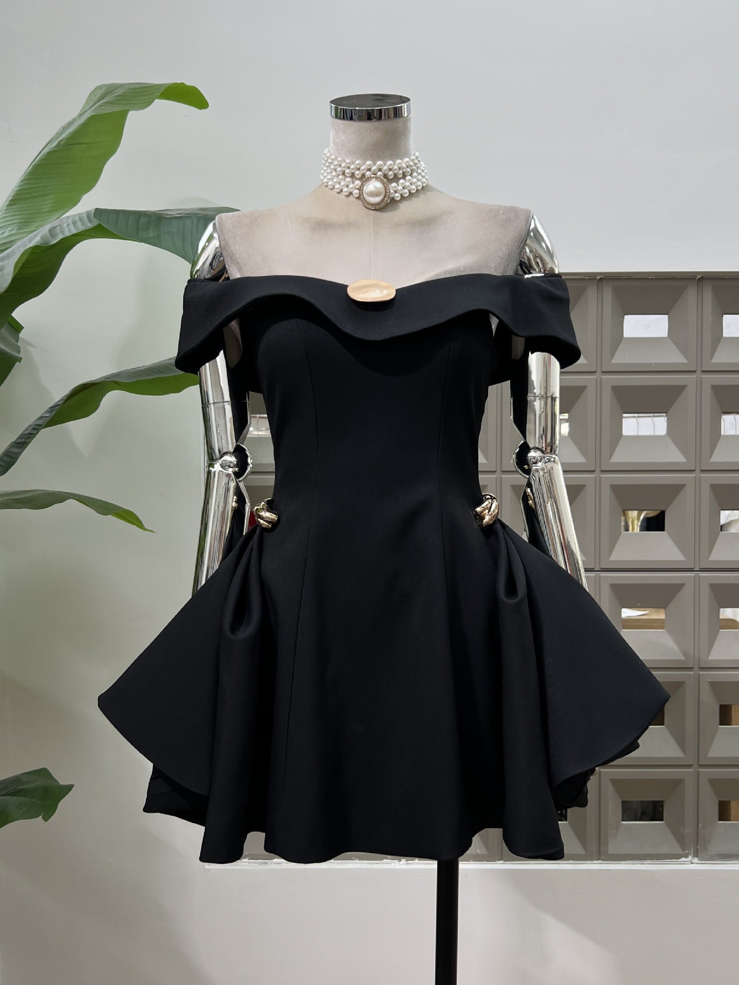 Off Shoulder Pleated Short Dress - SISPELL