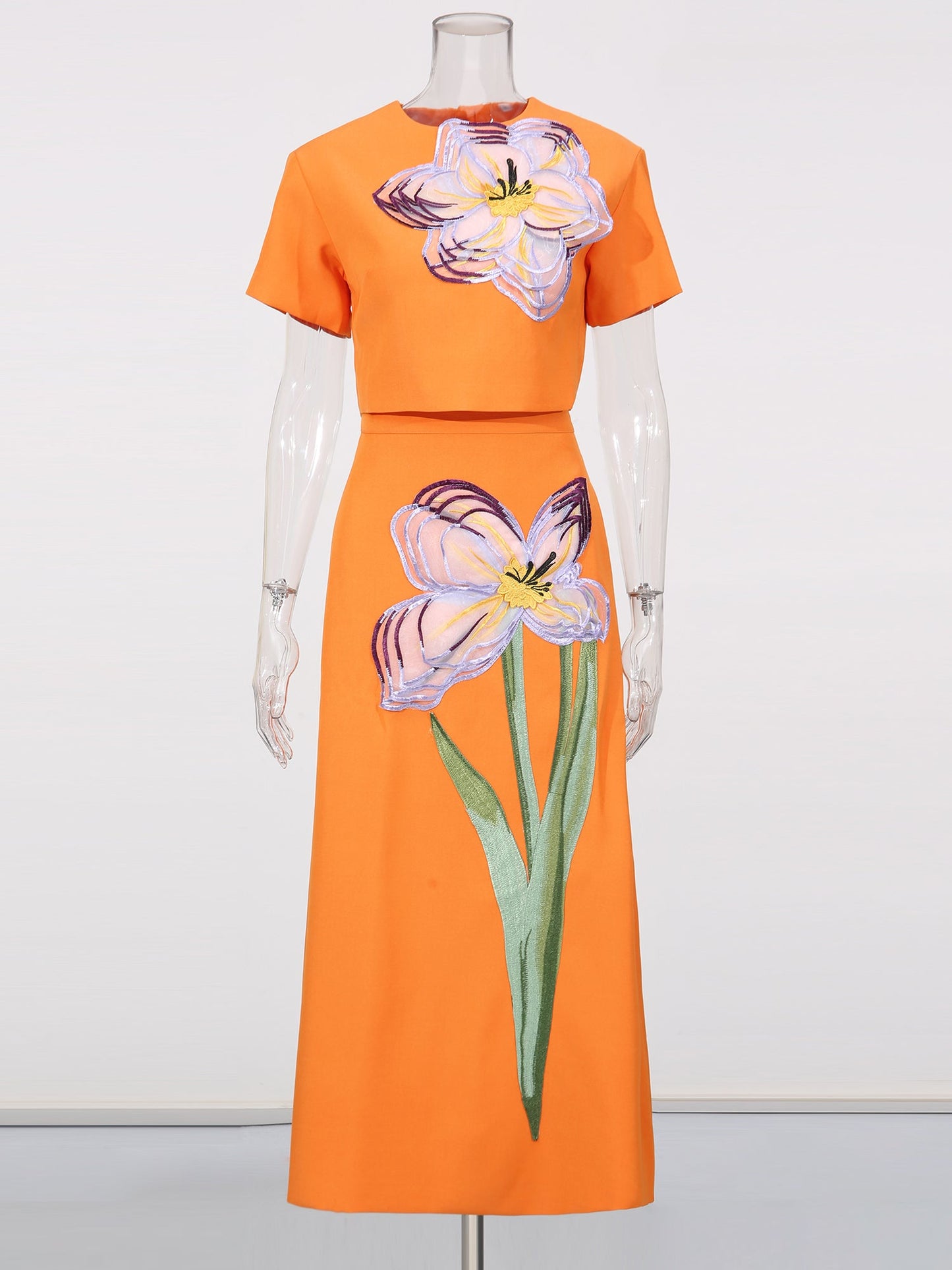 Orange Floral Appliqué Crop Top & Midi Skirt Set - SISPELL
