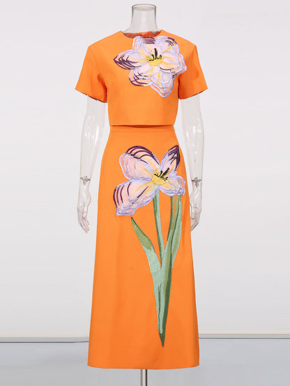 Orange Floral Appliqué Crop Top & Midi Skirt Set - SISPELL