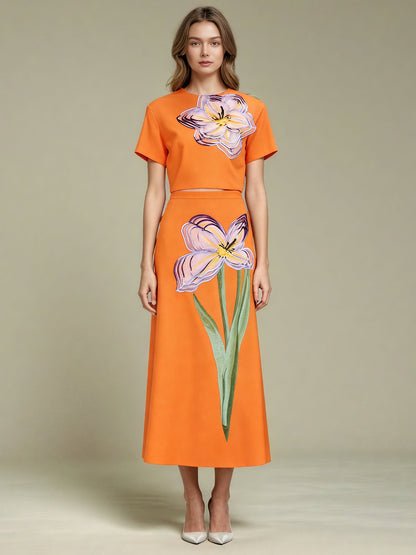 Orange Floral Appliqué Crop Top & Midi Skirt Set - SISPELL