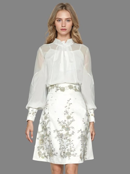 2- piece Set  Long Sleeve Top Embroidery Print Skirt