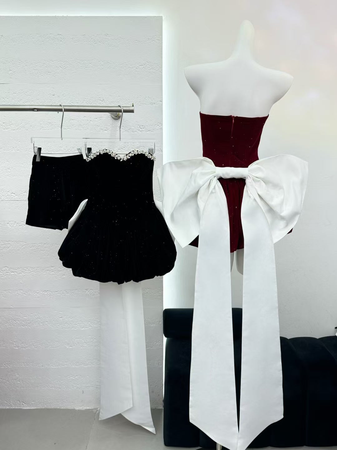 Patchwork Bowknot Diamonds Short Dress - SISPELL