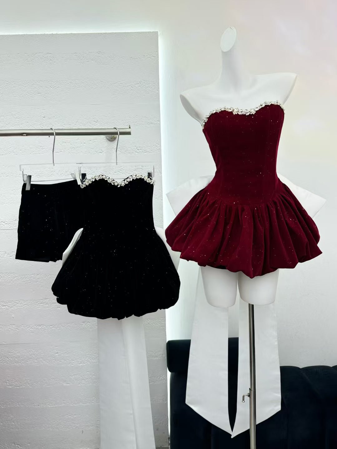 Patchwork Bowknot Diamonds Short Dress - SISPELL