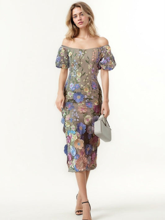 Patchwork Flower Mesh Midi Dress - SISPELL