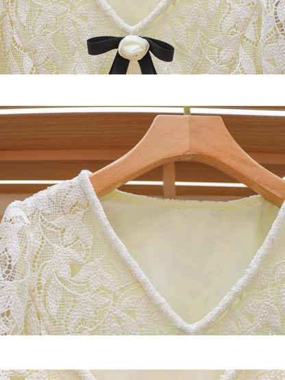 Patchwork Lace Bowknot Short Dress - SISPELL