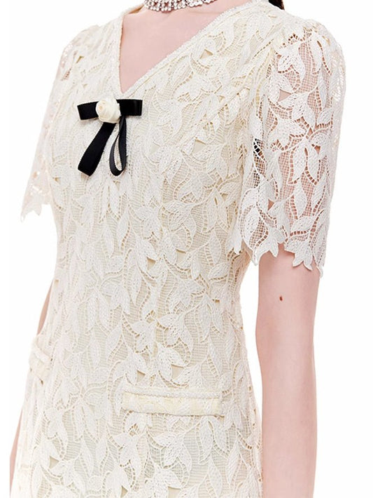 Patchwork Lace Bowknot Short Dress - SISPELL