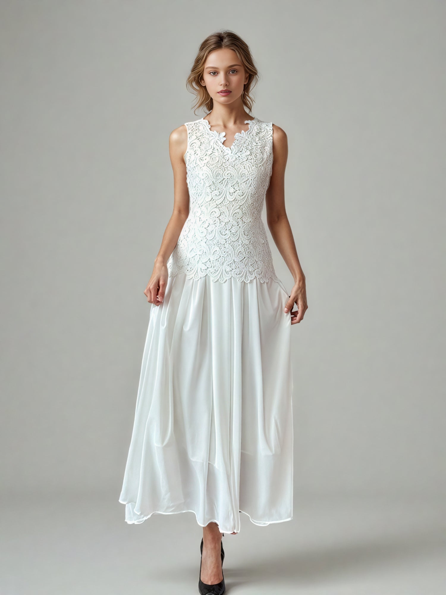 Patchwork Lace Mesh Solid Long Dress - SISPELL