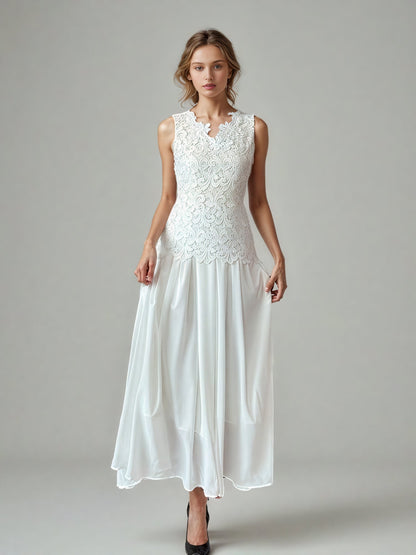 Patchwork Lace Mesh Solid Long Dress - SISPELL