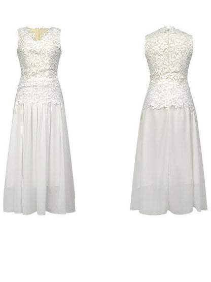 Patchwork Lace Mesh Solid Long Dress - SISPELL