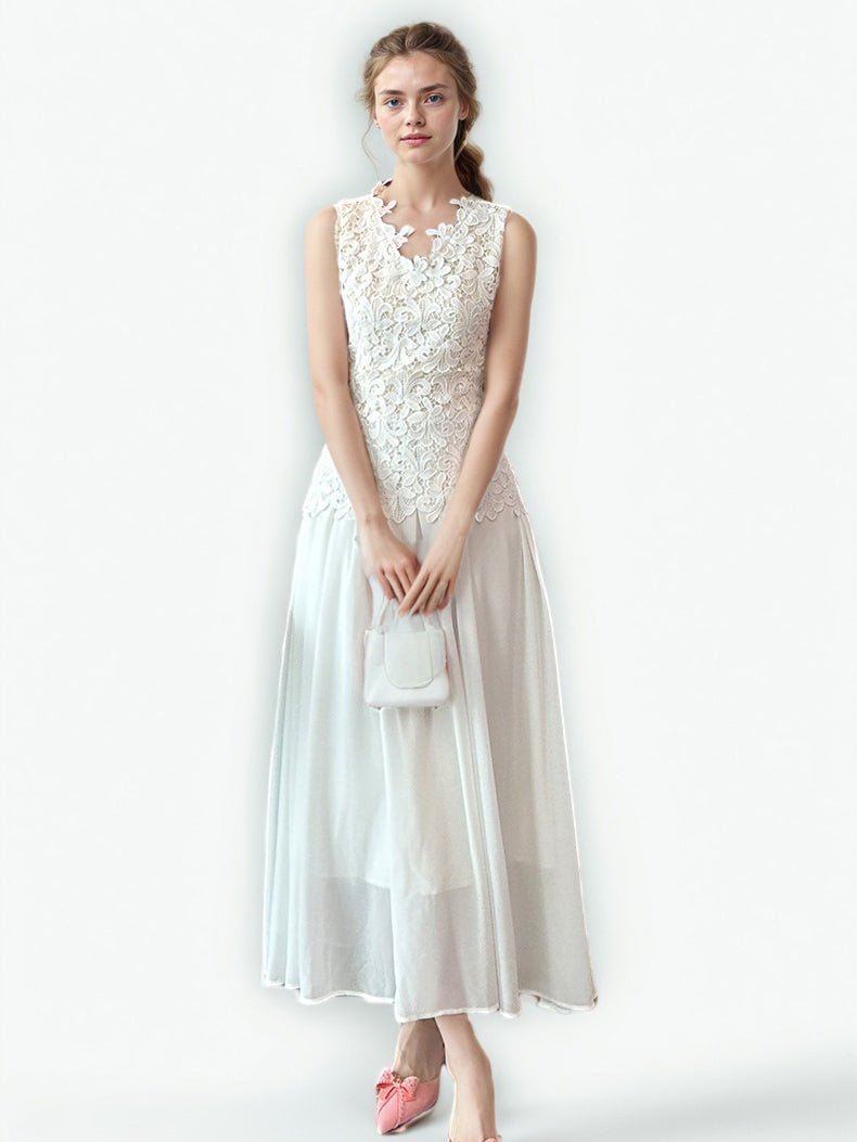 Patchwork Lace Mesh Solid Long Dress - SISPELL