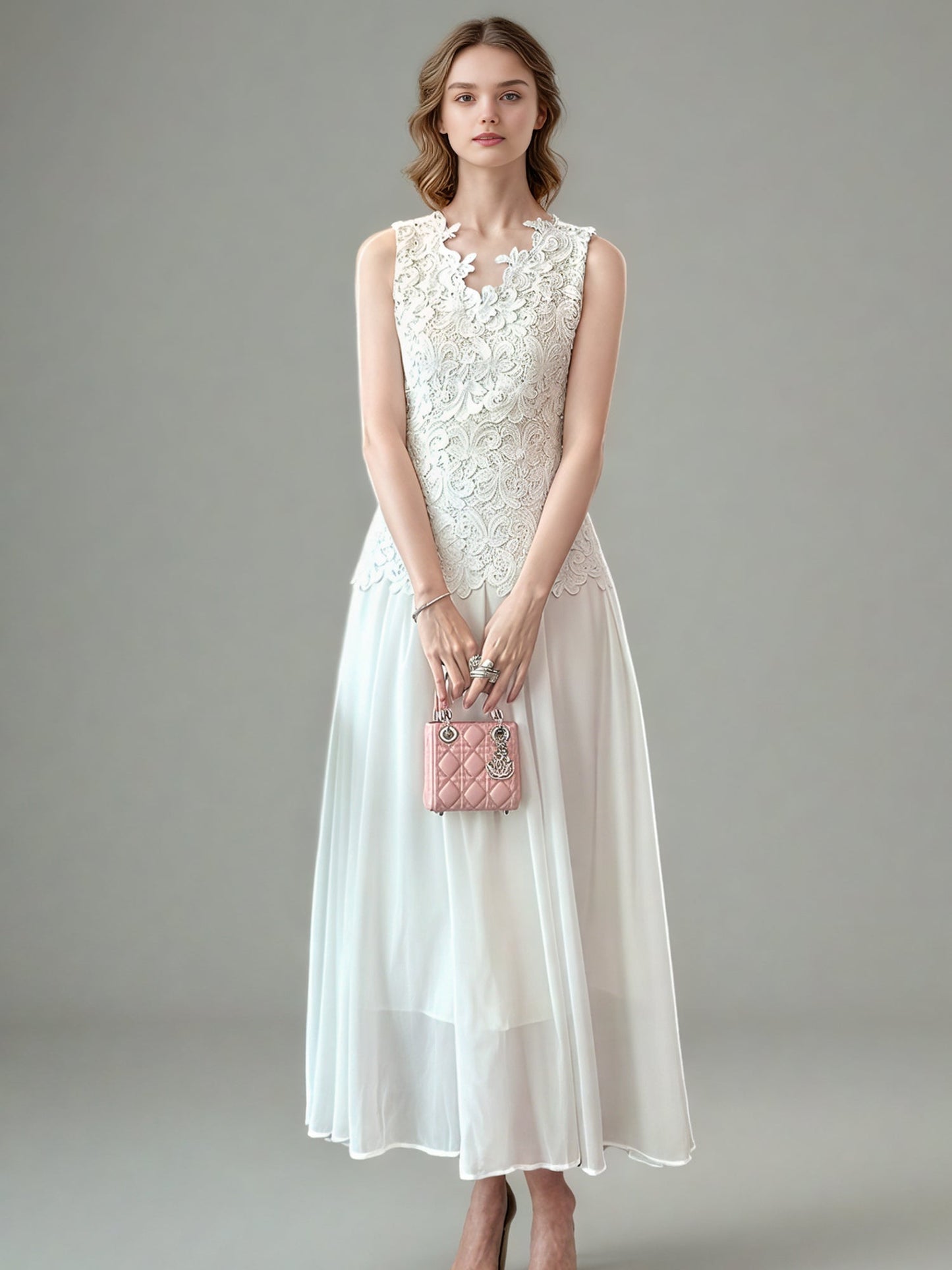 Patchwork Lace Mesh Solid Long Dress - SISPELL