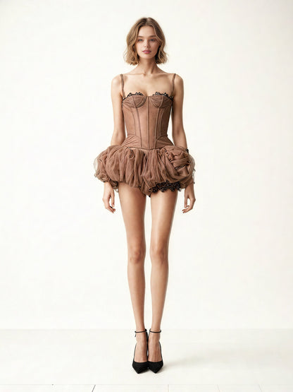 Patchwork Mesh Lace Strap Mini Dress - SISPELL