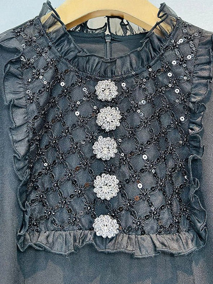 Patchwork Mesh Sequins Solid Short Dress - SISPELL