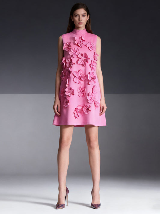 Pink 3D Floral High Neck Mini Dress - SISPELL