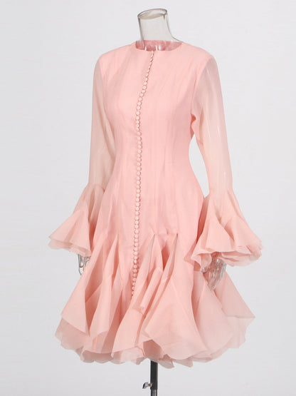 Pink Bell Sleeve Ruffled Long Dress with Button Front - SISPELL