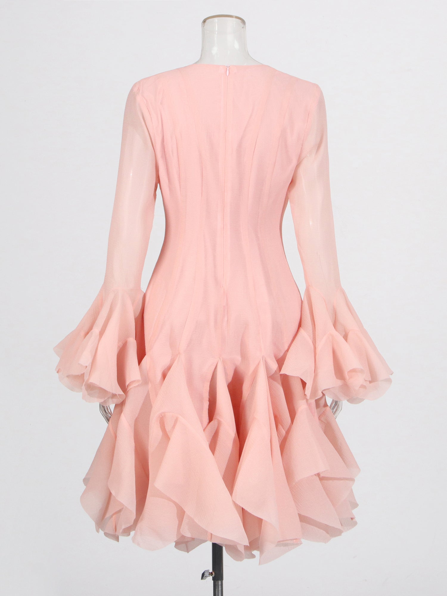 Pink Bell Sleeve Ruffled Long Dress with Button Front - SISPELL