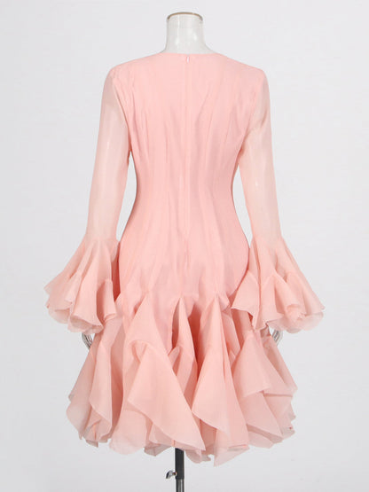 Pink Bell Sleeve Ruffled Long Dress with Button Front - SISPELL