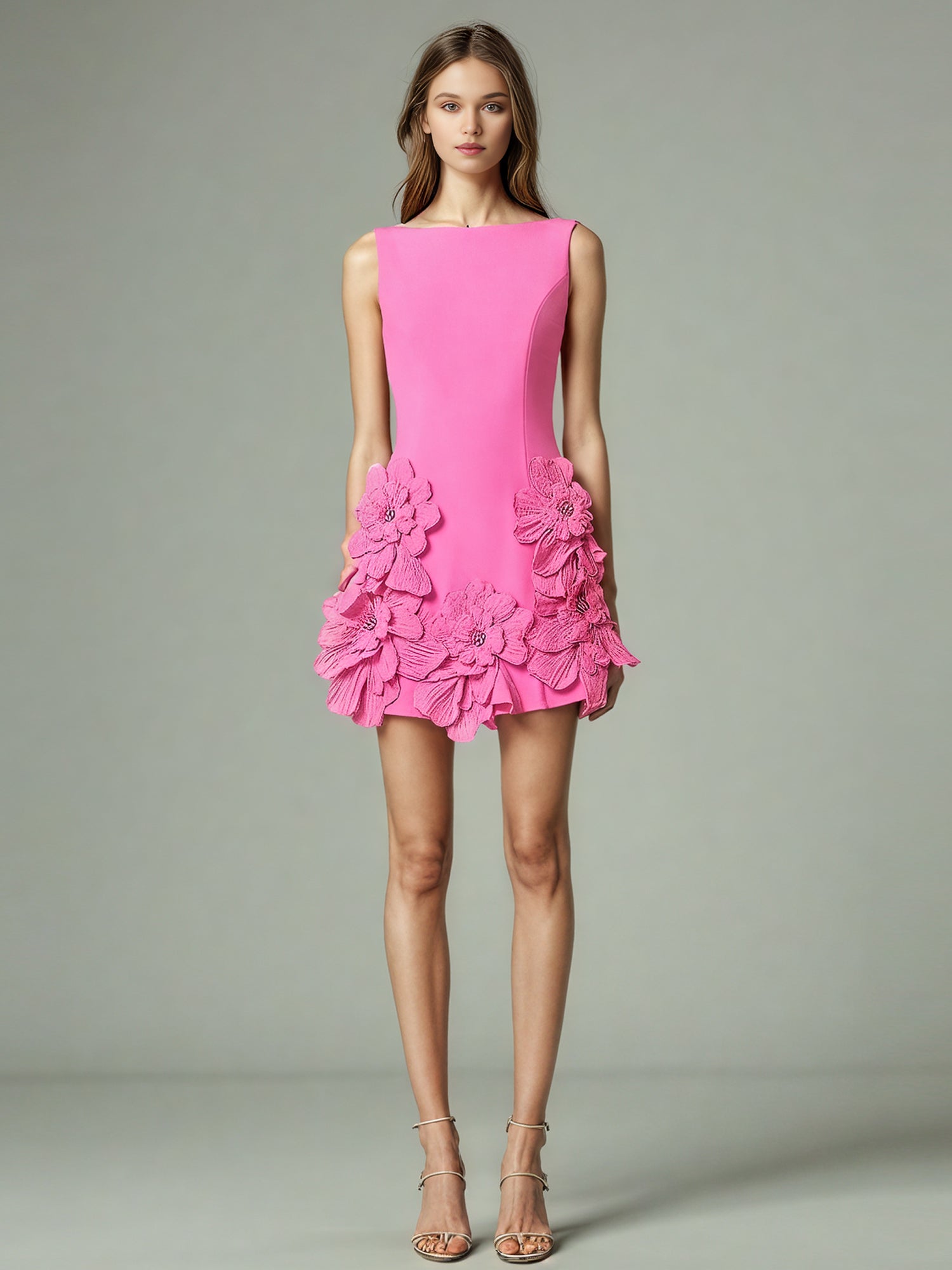 Pink Floral Appliqué Sleeveless Mini Dress - SISPELL