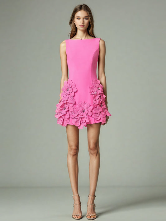 Pink Floral Appliqué Sleeveless Mini Dress - SISPELL