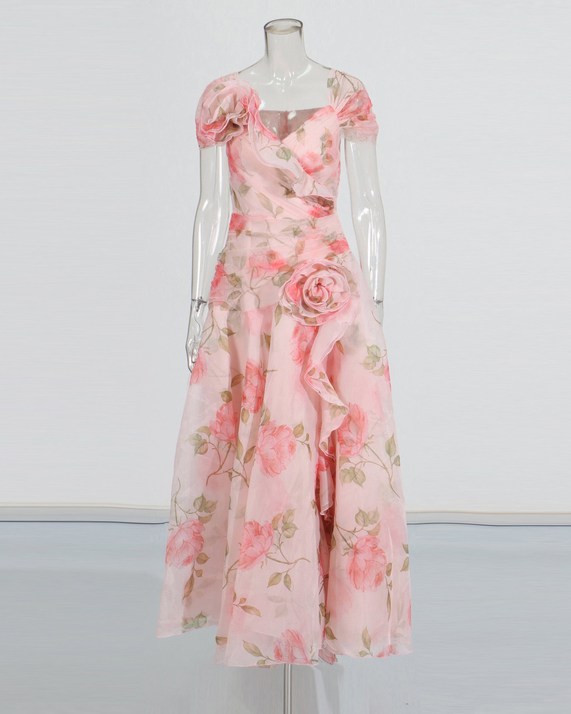 Pink Floral Chiffon Gown Dress with 3D Rose Accents - SISPELL