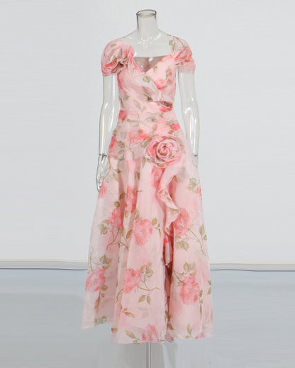 Pink Floral Chiffon Gown Dress with 3D Rose Accents - SISPELL