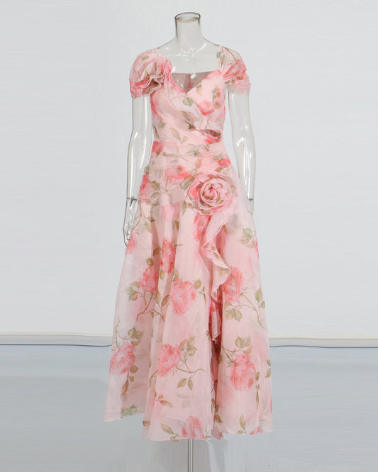 Pink Floral Chiffon Gown Dress with 3D Rose Accents - SISPELL