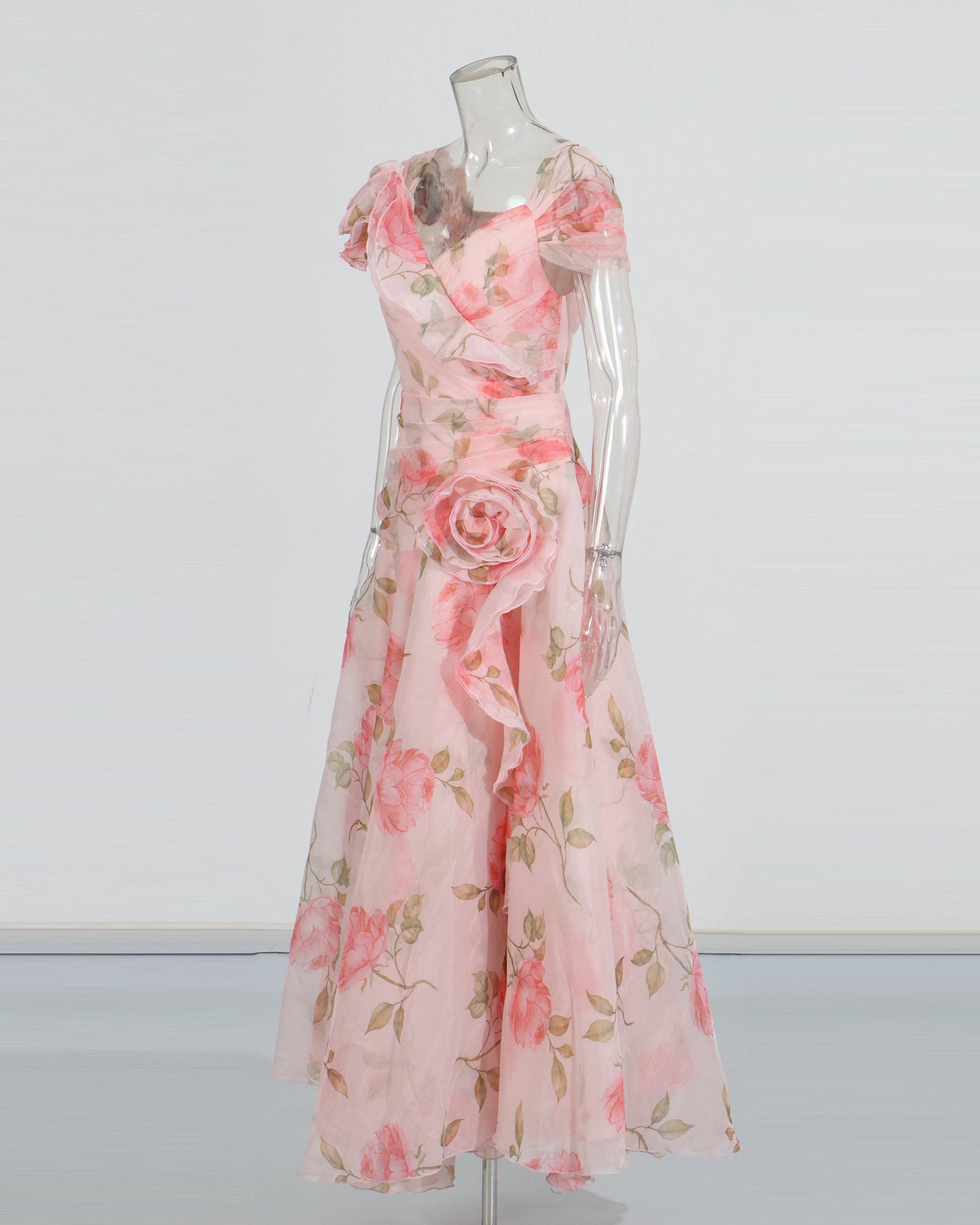 Pink Floral Chiffon Gown Dress with 3D Rose Accents - SISPELL