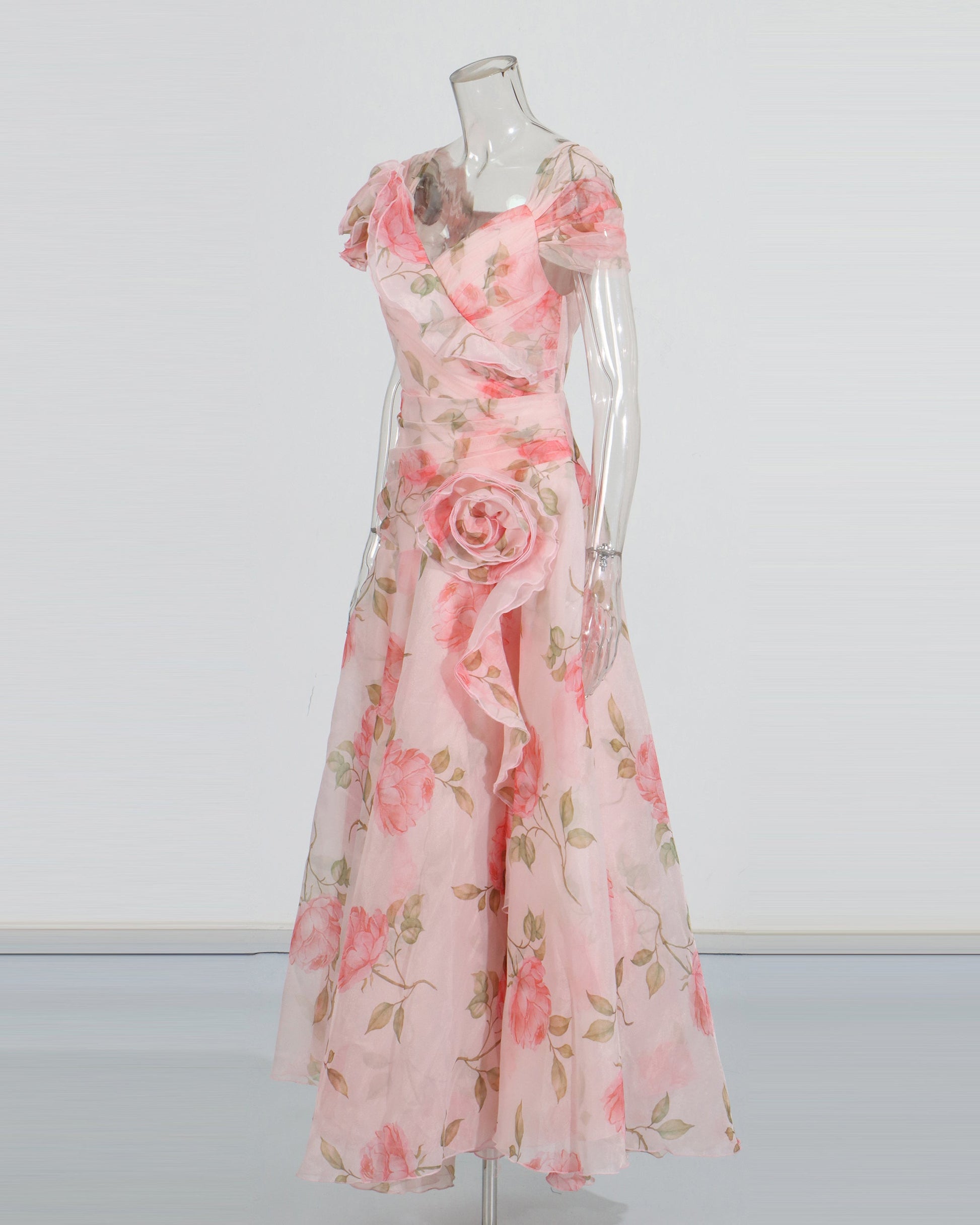 Pink Floral Chiffon Gown Dress with 3D Rose Accents - SISPELL