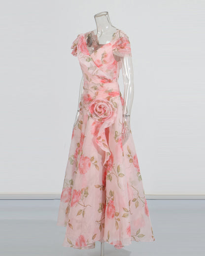 Pink Floral Chiffon Gown Dress with 3D Rose Accents - SISPELL