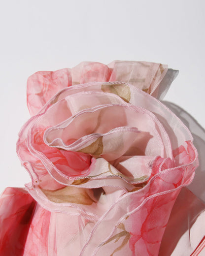 Pink Floral Chiffon Gown Dress with 3D Rose Accents - SISPELL