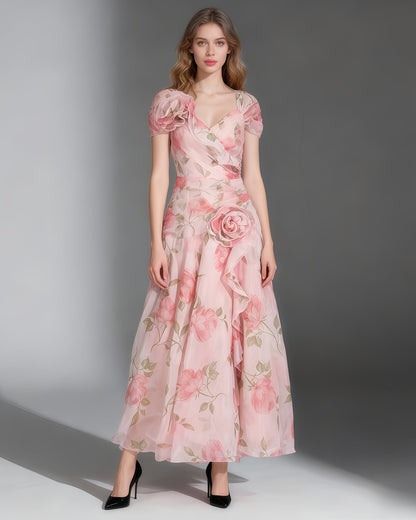 Pink Floral Chiffon Gown Dress with 3D Rose Accents - SISPELL