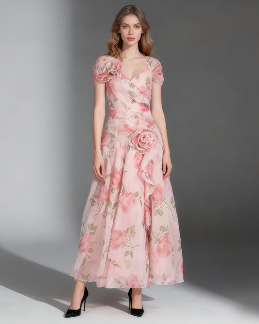Pink Floral Chiffon Gown Dress with 3D Rose Accents - SISPELL