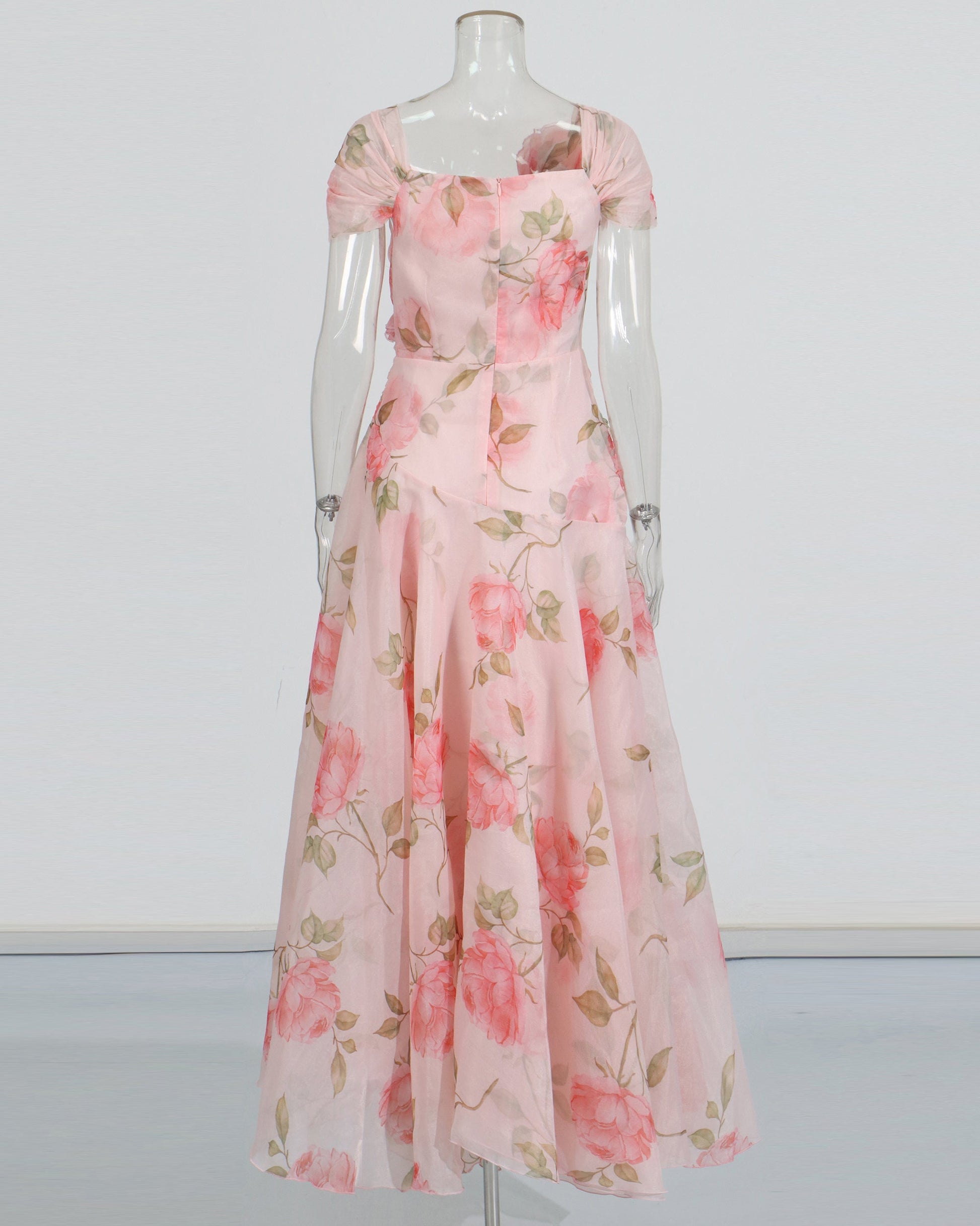 Pink Floral Chiffon Gown Dress with 3D Rose Accents - SISPELL