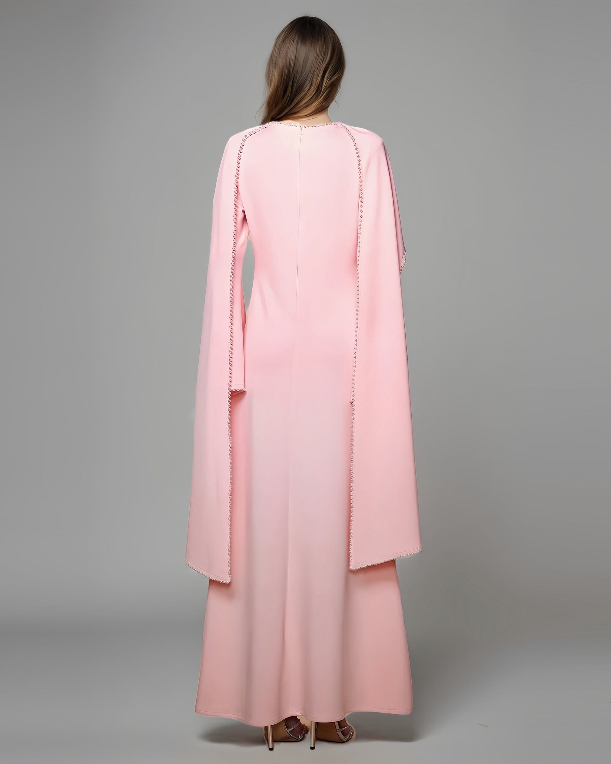 Pink Maxi Dress with Pearl - Trimmed Cape Sleeves - SISPELL