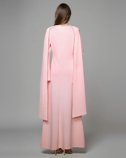 Pink Maxi Dress with Pearl - Trimmed Cape Sleeves - SISPELL