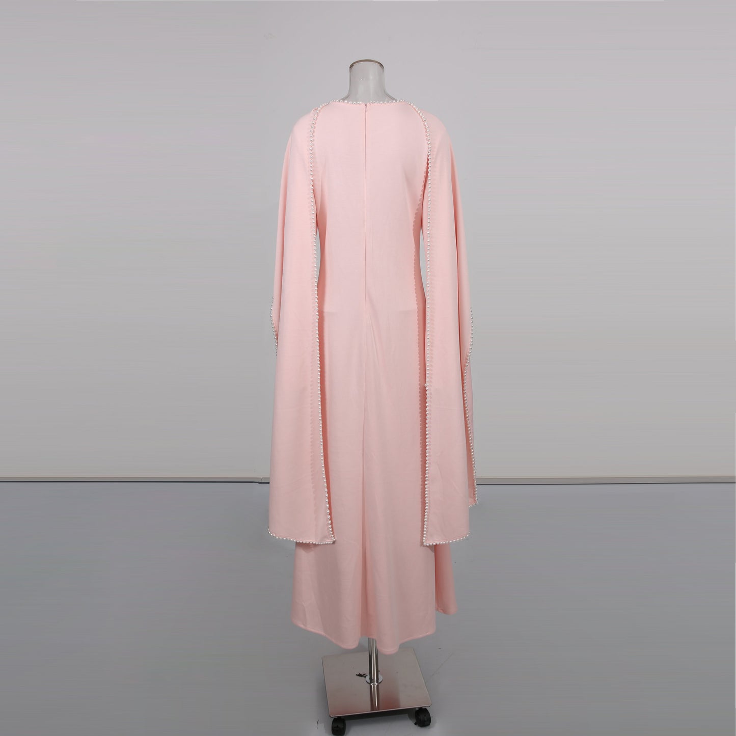 Pink Maxi Dress with Pearl - Trimmed Cape Sleeves - SISPELL
