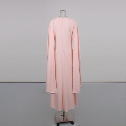 Pink Maxi Dress with Pearl - Trimmed Cape Sleeves - SISPELL