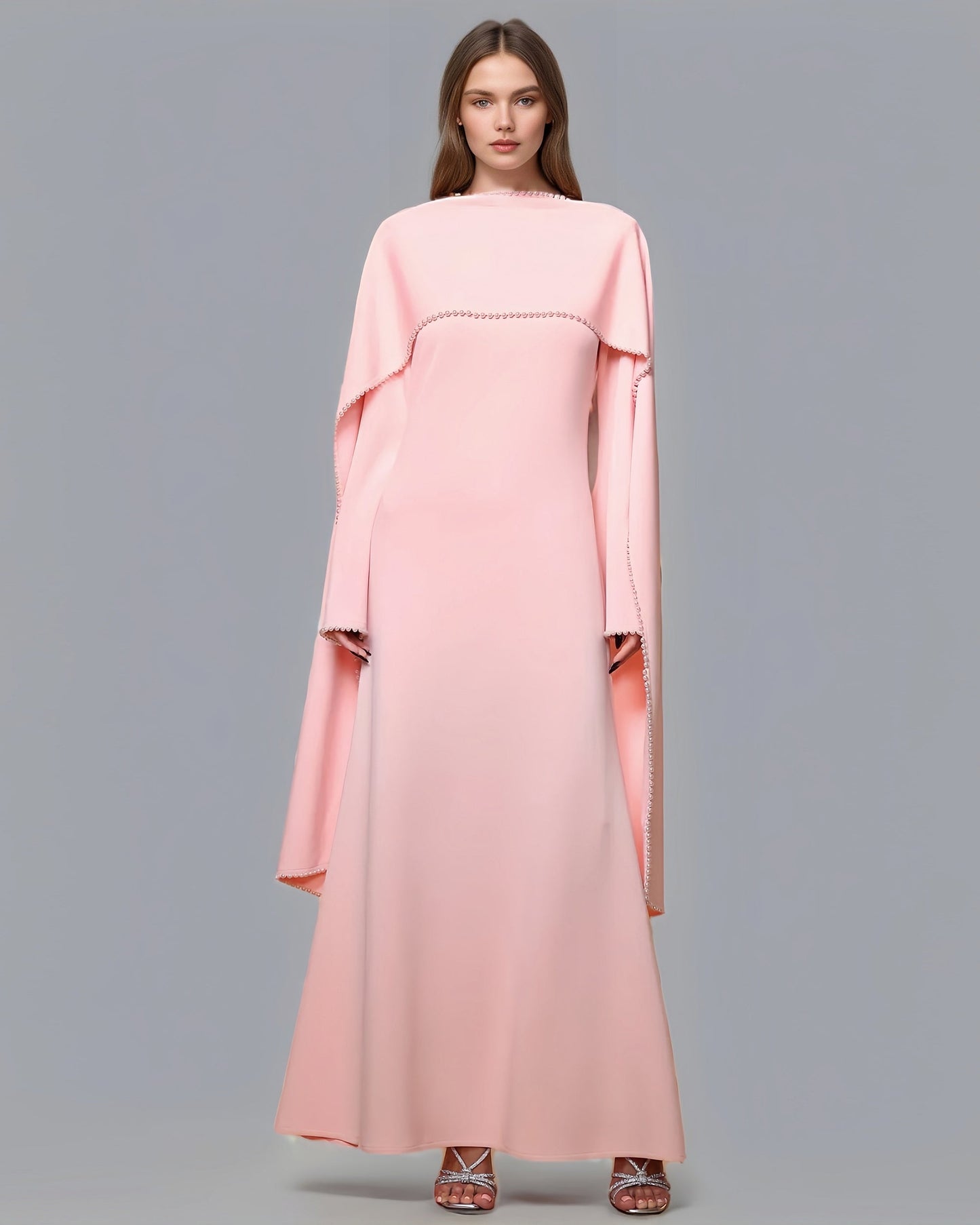 Pink Maxi Dress with Pearl - Trimmed Cape Sleeves - SISPELL