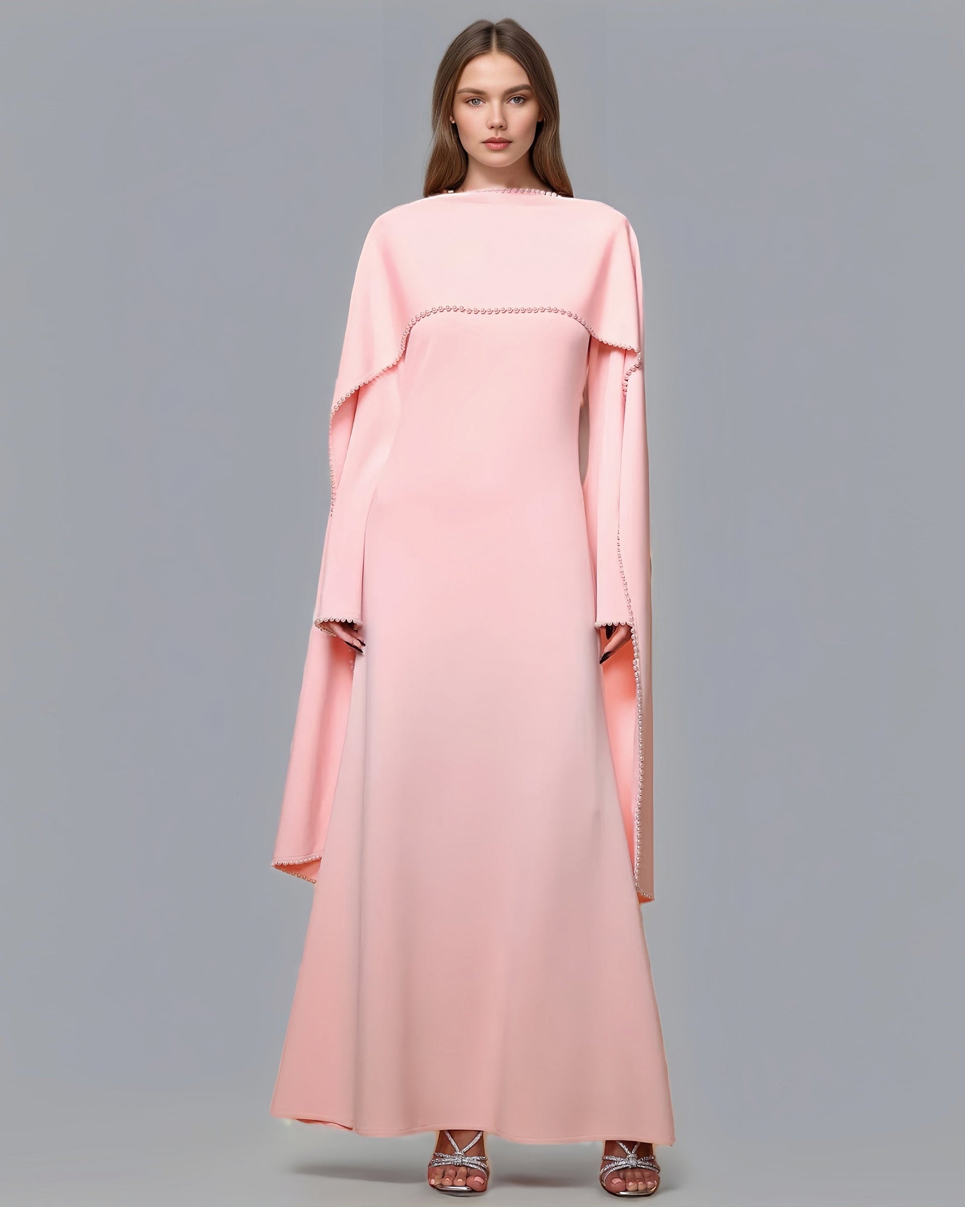 Pink Maxi Dress with Pearl - Trimmed Cape Sleeves - SISPELL