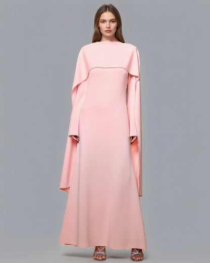 Pink Maxi Dress with Pearl - Trimmed Cape Sleeves - SISPELL