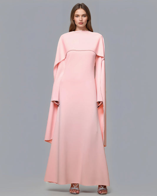 Pink Maxi Dress with Pearl - Trimmed Cape Sleeves - SISPELL