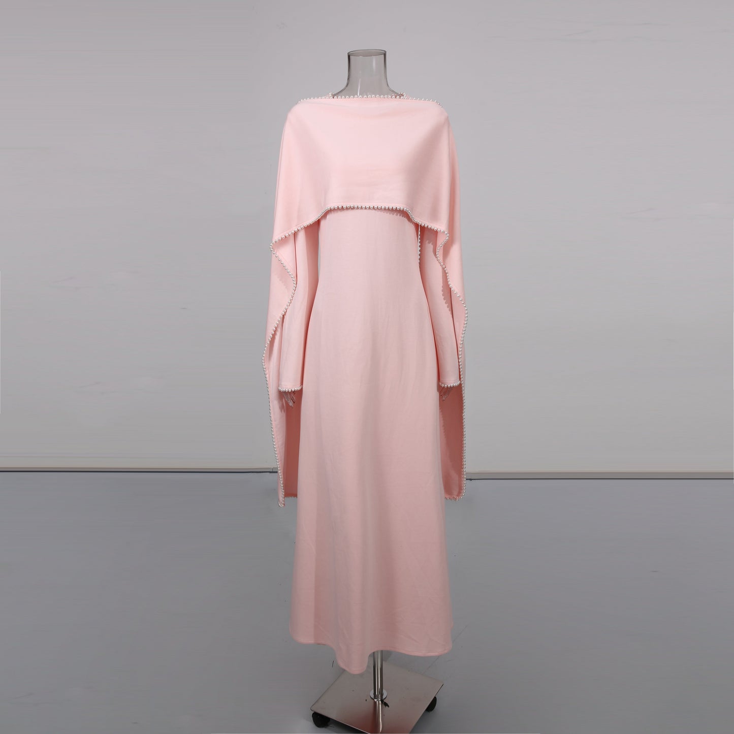 Pink Maxi Dress with Pearl - Trimmed Cape Sleeves - SISPELL