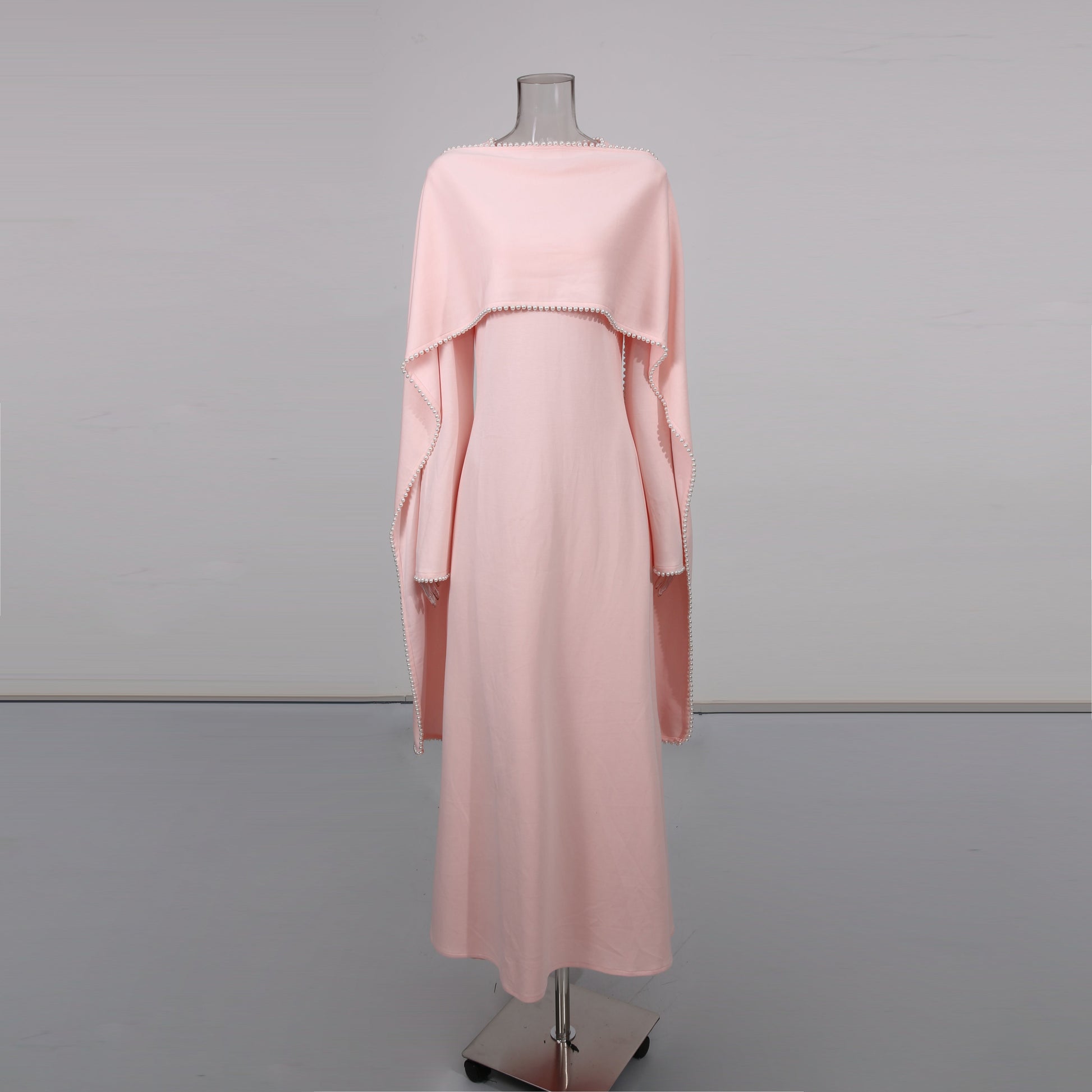 Pink Maxi Dress with Pearl - Trimmed Cape Sleeves - SISPELL