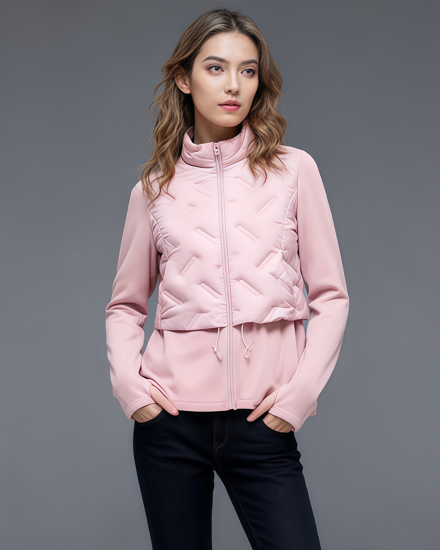 Pink Quilted Zip - Up Down Jacket with Drawstring Waist - SISPELL