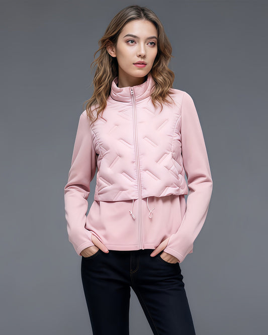 Pink Quilted Zip - Up Down Jacket with Drawstring Waist - SISPELL