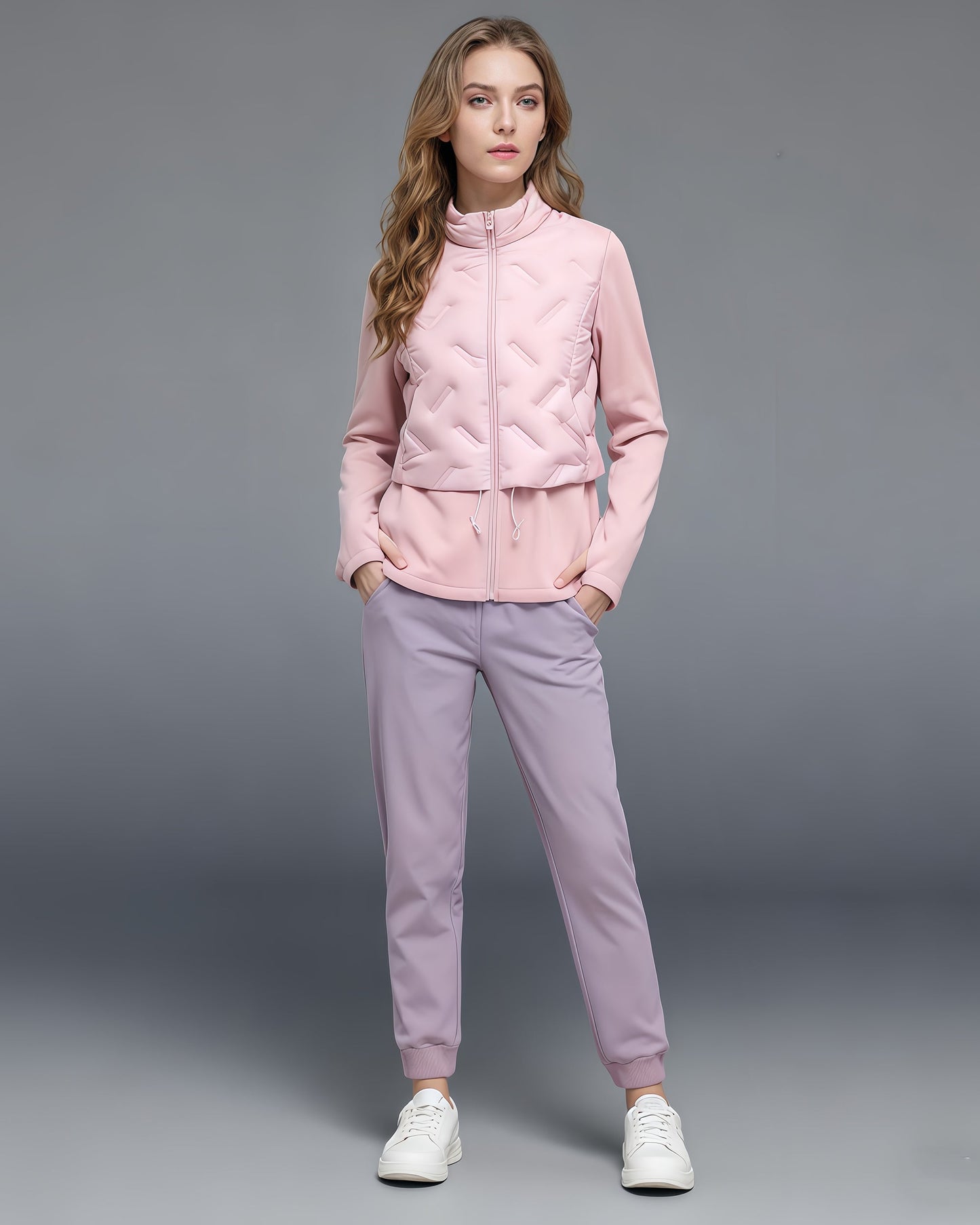 Pink Quilted Zip - Up Down Jacket with Drawstring Waist - SISPELL